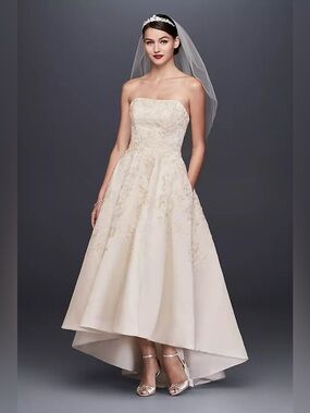 Oleg Cassini New Embroidered Satin High Low Wedding Dress In Ivory Champagne 8